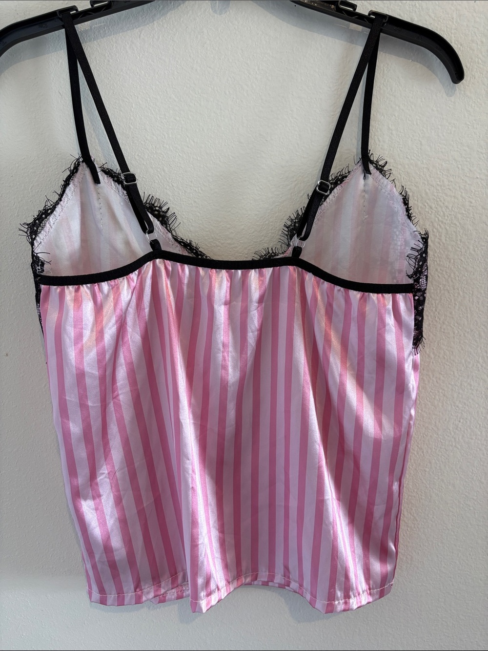 2 piece pajama set shorts and tank top pink with stripes and black lace - Picture 3 of 5